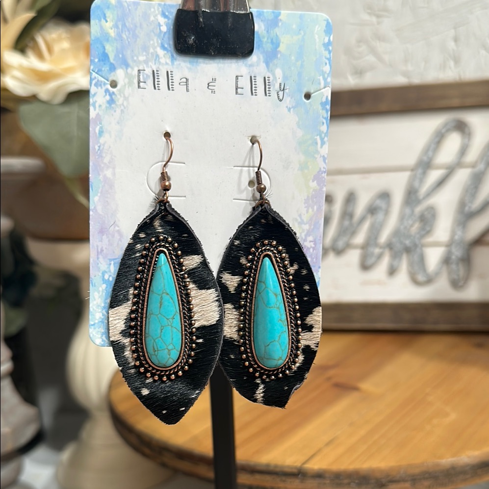 Nwt Ella & Elly Cowhid Turquoise And Black Earrings